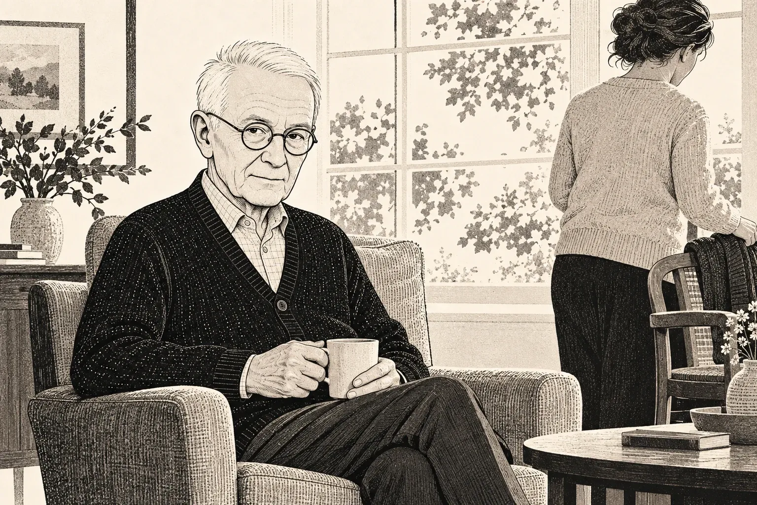 Monochrome Holzschnittillustration von Vitus mit weißem Haar und Brille in einem Sessel am Fenster; eine nicht identifizierbare Betreuungskraft steht im Hintergrund neben einem Stuhl.