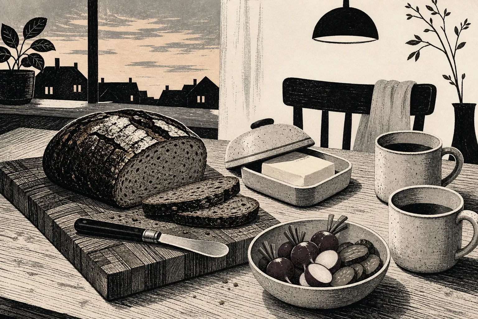 Stilisierte monochrome Szene eines Abendbrottischs mit angeschnittenem Roggenbrot auf einem massiven Holzbrett, traditionellem Buckelsmesser, Butterdose und schlichtem Geschirr.