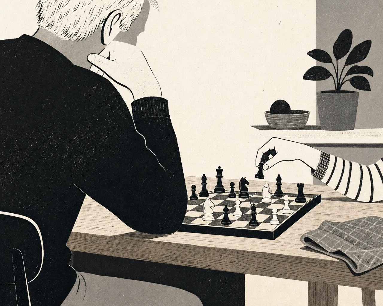 Monochrome Illustration eines älteren Mannes und einer Kinderhand über einem Schachbrett an einem Tisch.