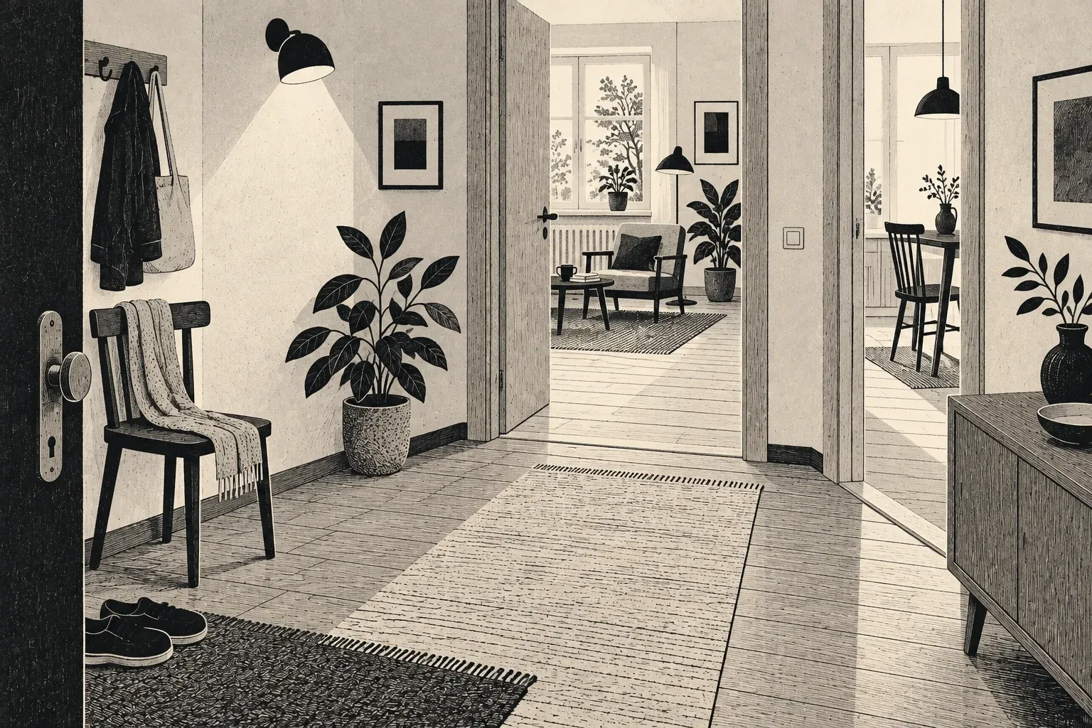 Monochrome Holzschnittillustration eines Wohnungsflurs mit offenen Türen, freier Bodenfläche und einem Lichtkegel an der Garderobe.