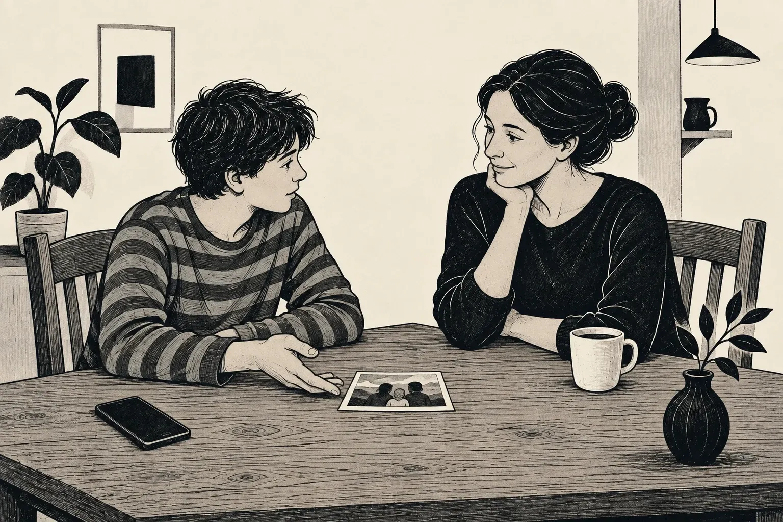 Monochrome Holzschnittillustration: Eine Jugendliche und eine erwachsene Frau betrachten gemeinsam ein gedrucktes Familienfoto am Tisch; ein Smartphone liegt mit dem Display nach unten.