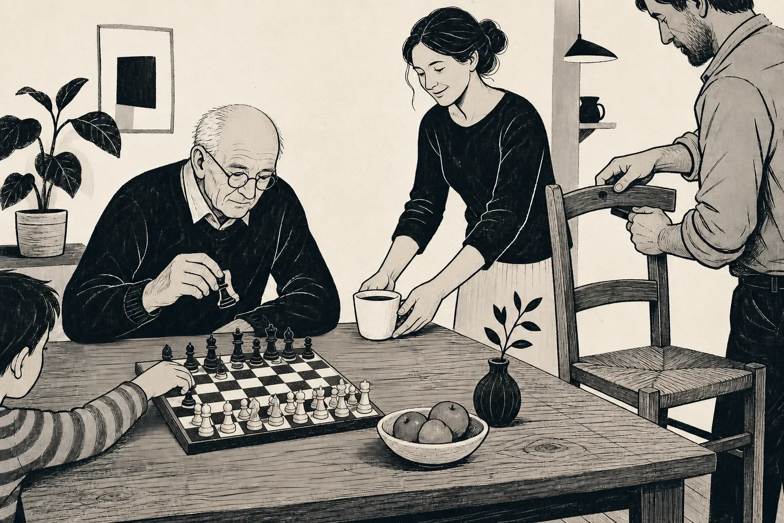 Stilisierte monochrome Szene an einem Holztisch: eine Hand hält ein Blatt, daneben eine Tasse und ein Schachbrett im Hintergrund.