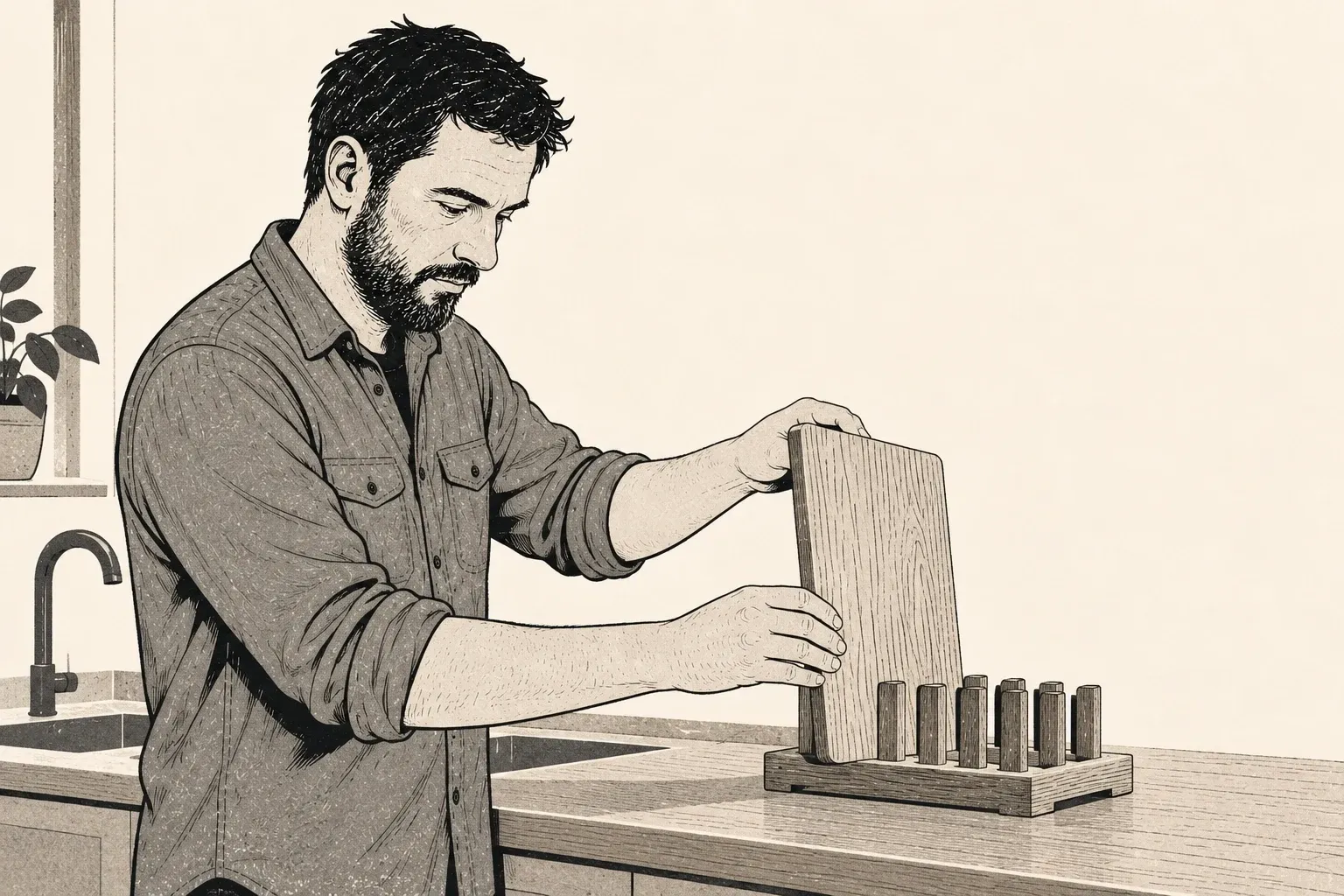 Monochrome Holzschnittillustration von Hanno mit dunklem Haar und kurzem Bart, der ein sauberes Holzschneidebrett aufrecht in einen offenen Trockenständer neben der Spüle stellt.