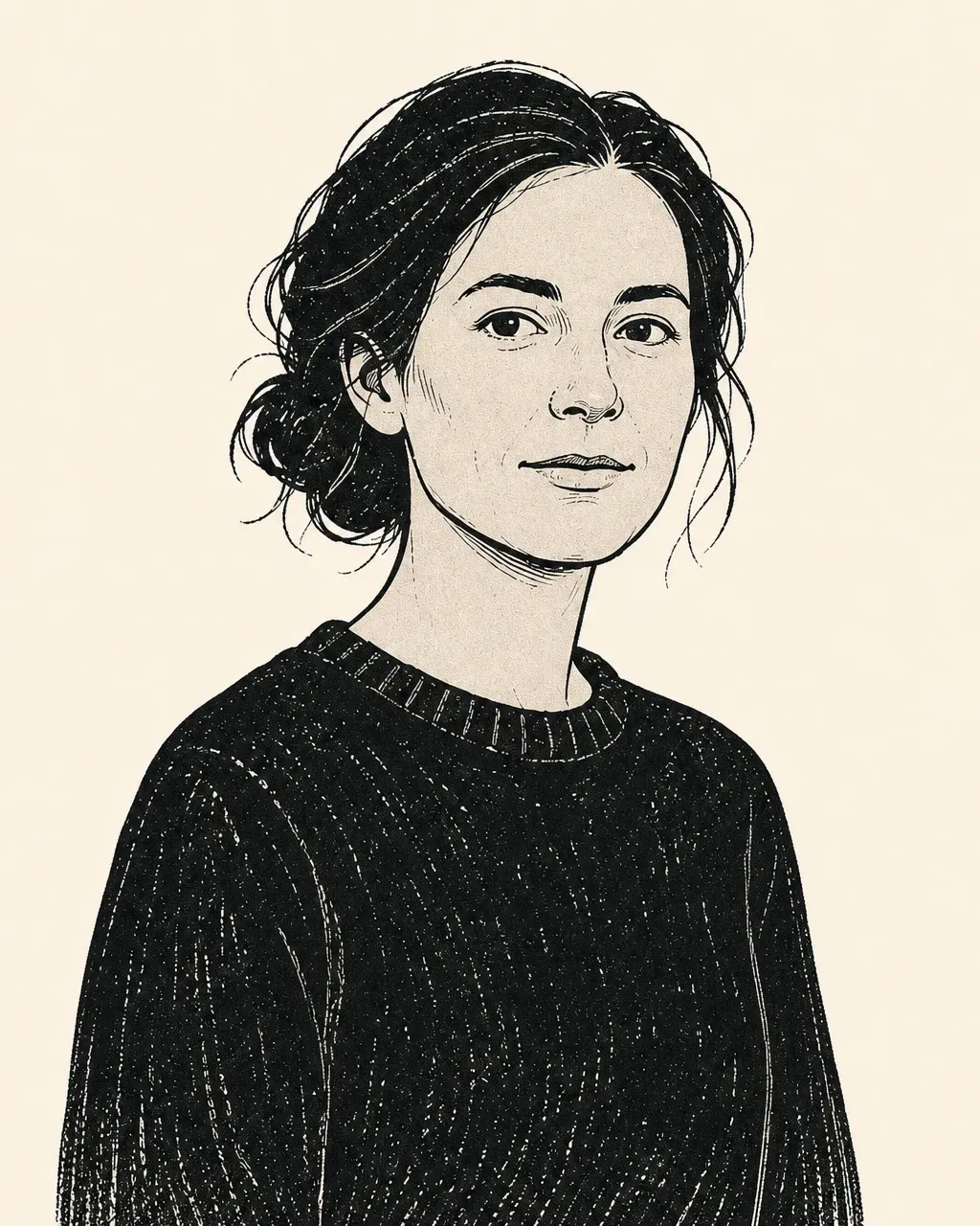 Stilisierte monochrome Dreiviertelansicht von Malin, ruhigem Gesicht und dunklem Strickpullover.