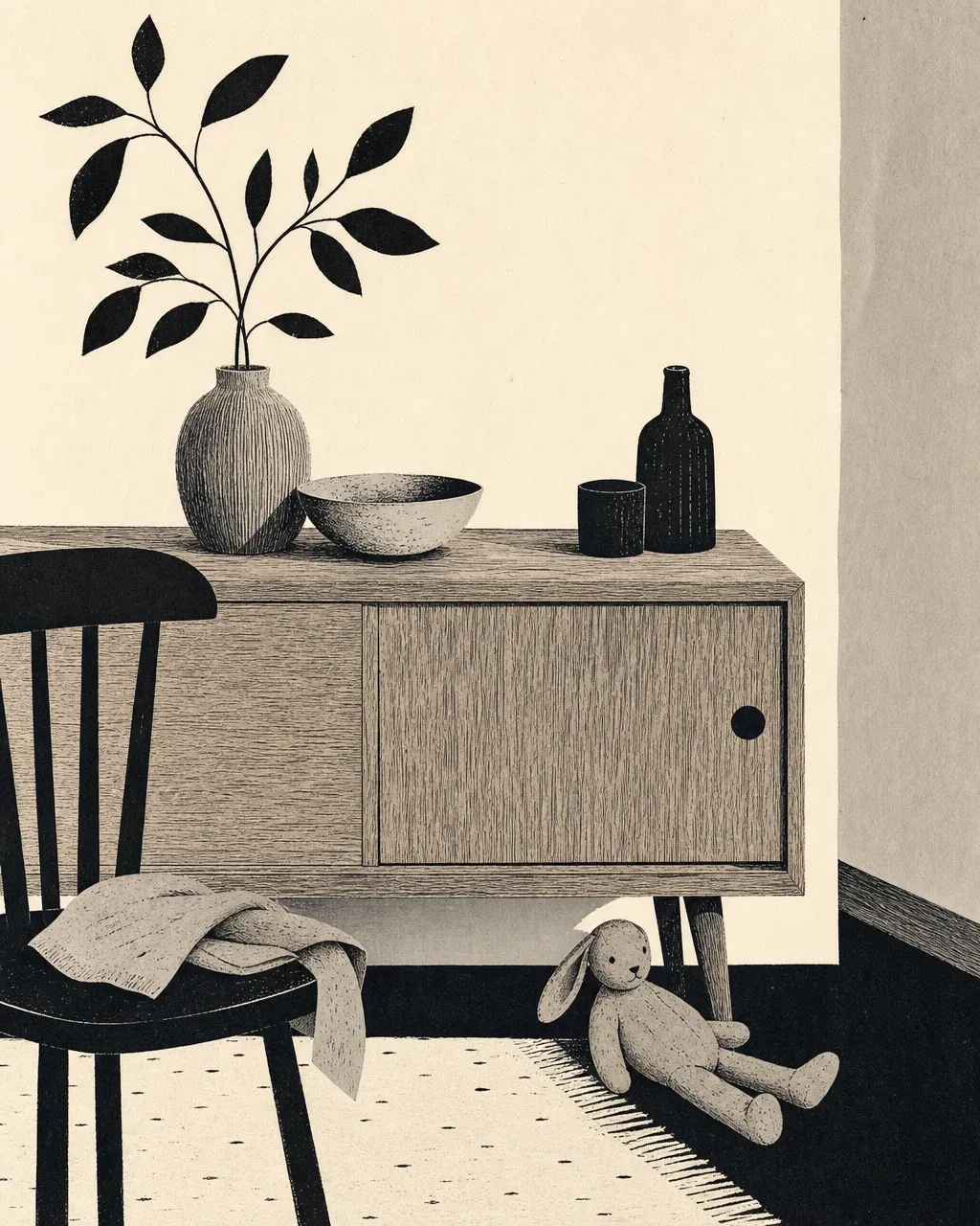 Monochrome Illustration eines schlichten Wohnbereichs mit Regal, Tischkante und wenigen bewusst abgelegten Dingen.