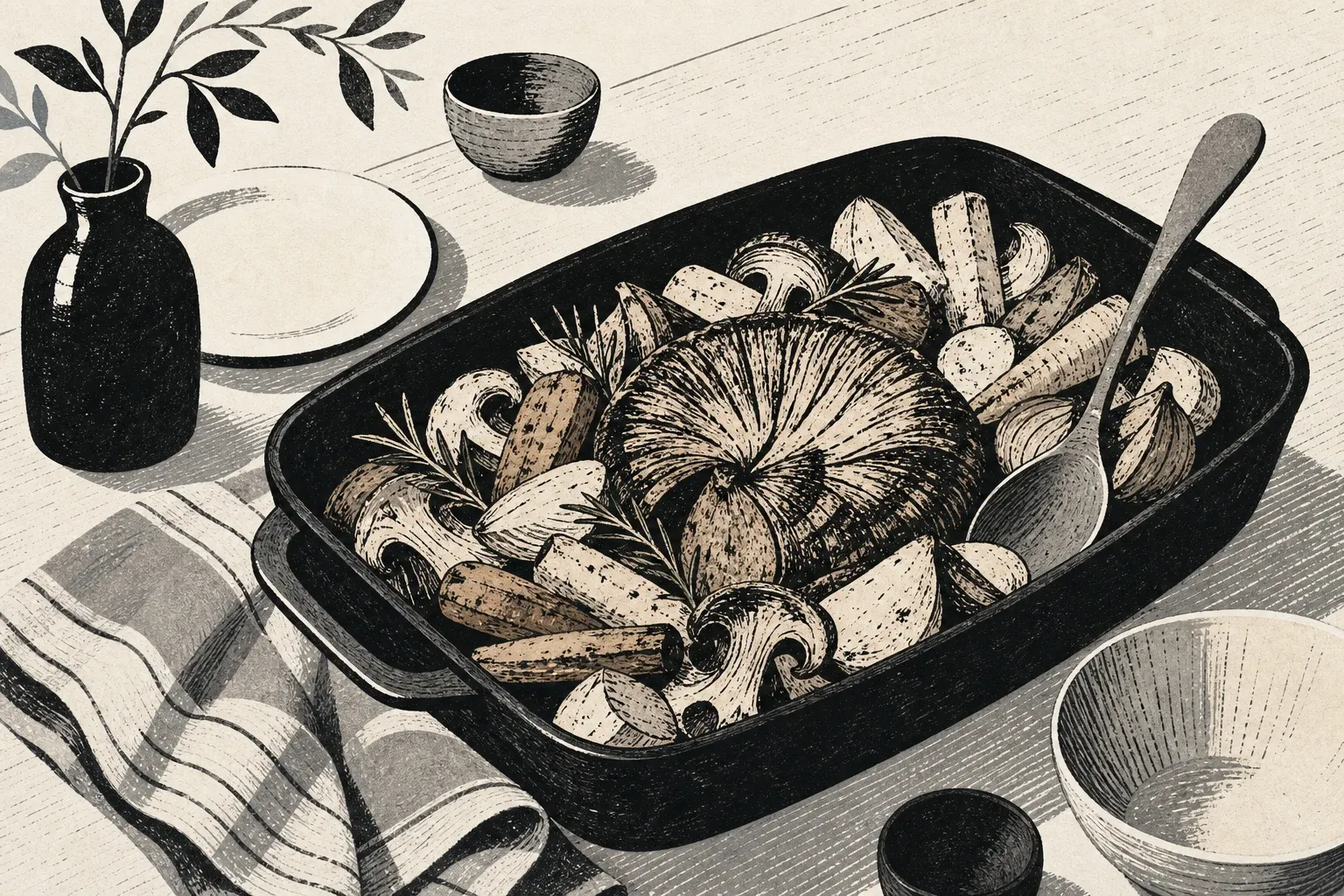 Stilisierte monochrome Illustration eines pflanzlichen Bratens in einer einfachen Form mit Wurzelgemüse und Servierlöffel.