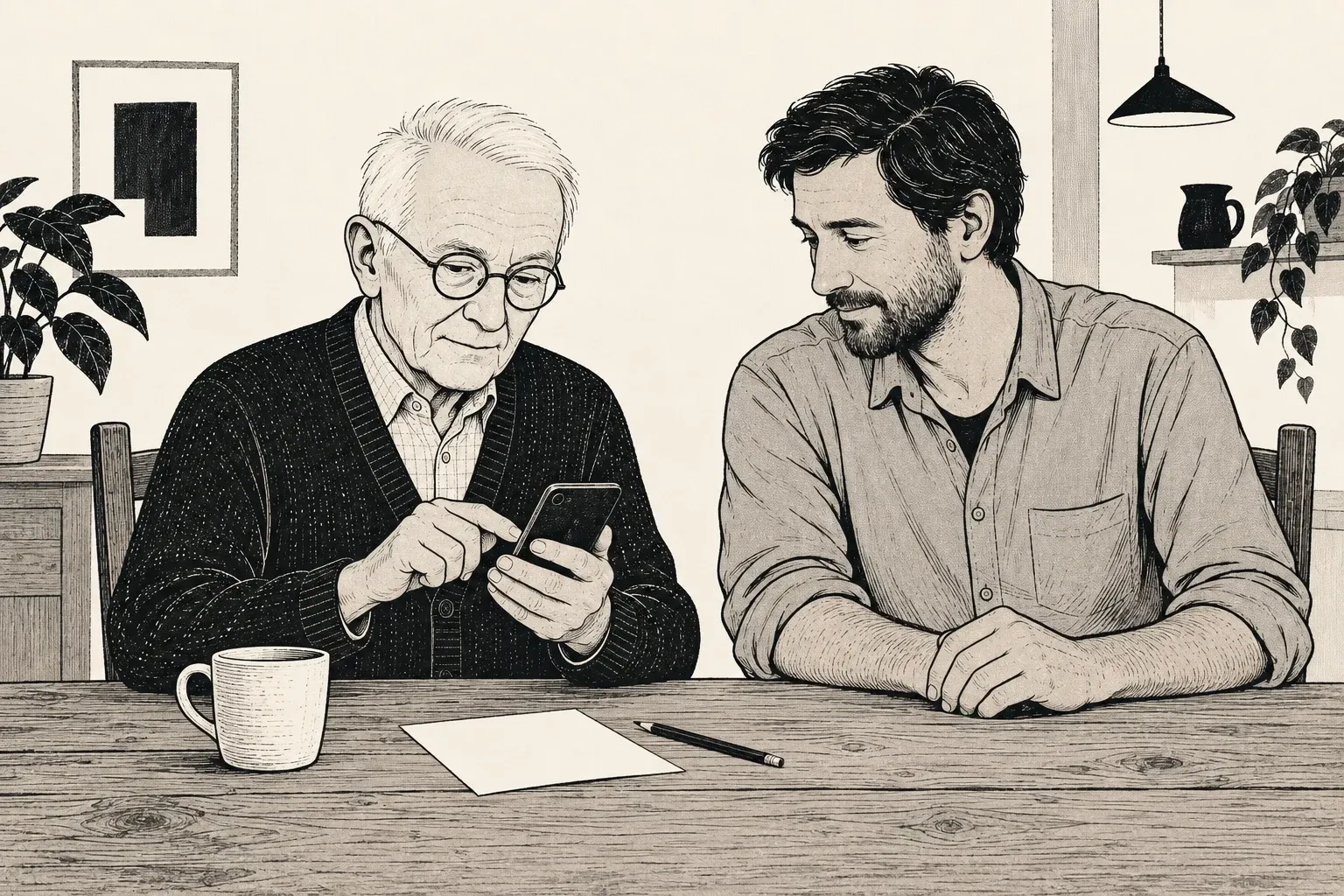 Monochrome Illustration von Vitus, der sein Smartphone selbst bedient, während Hanno neben ihm am Holztisch wartet.